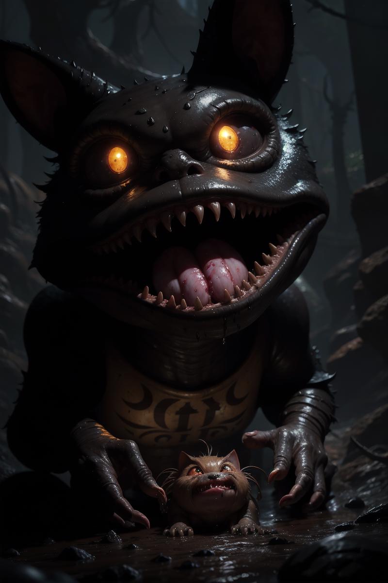 00082-4015915131-of a dark and muddy landscape with strange cute friendly creatures with huge eyes, mouth, long tongue and round teeth appearing.png